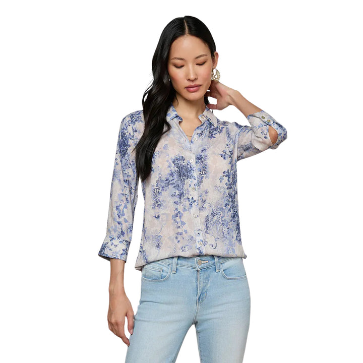 Camille 3/4 Sleeve Blouse in Iv/Bl Watercolor Lace Paisley