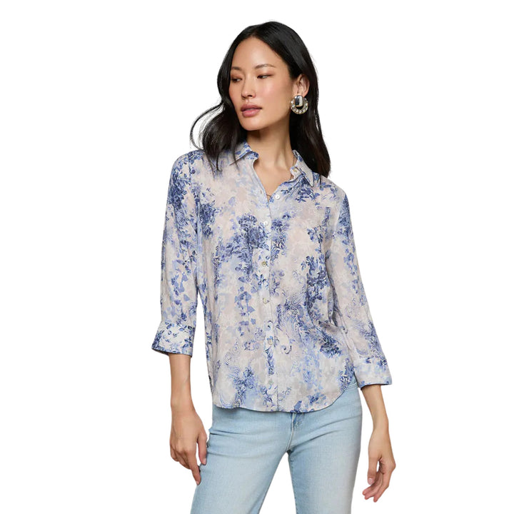 Camille 3/4 Sleeve Blouse in Iv/Bl Watercolor Lace Paisley