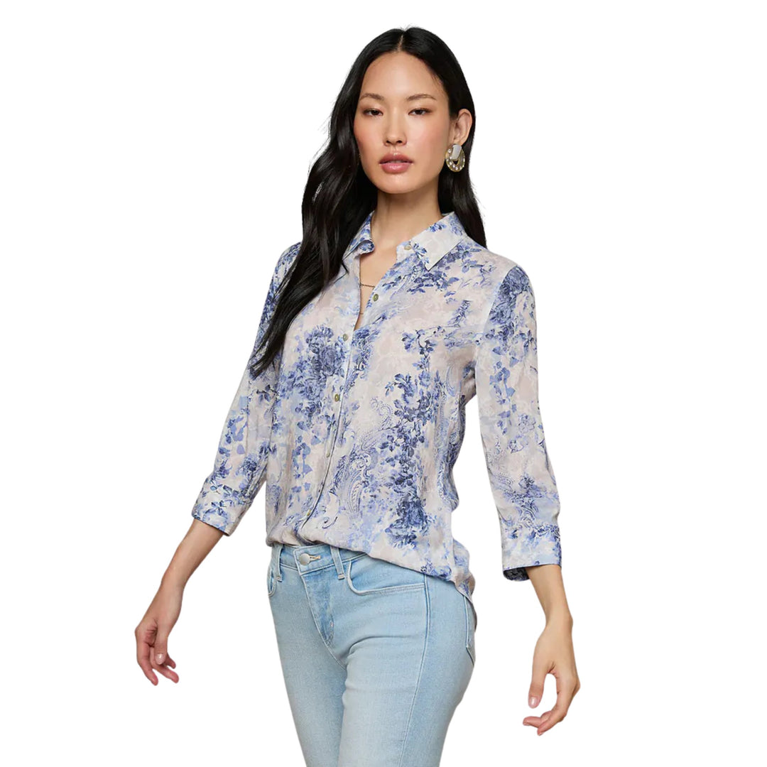 Camille 3/4 Sleeve Blouse in Iv/Bl Watercolor Lace Paisley
