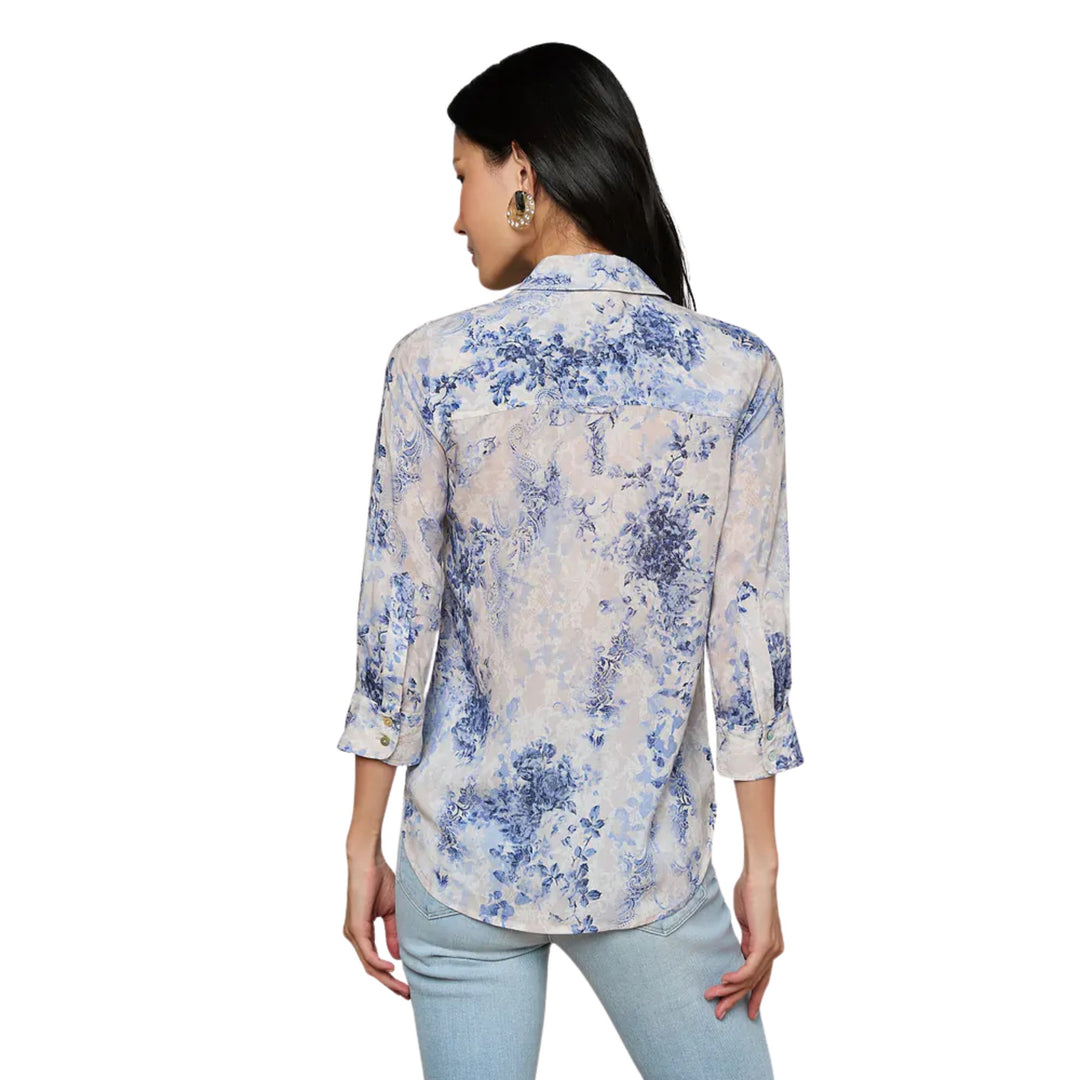 Camille 3/4 Sleeve Blouse in Iv/Bl Watercolor Lace Paisley