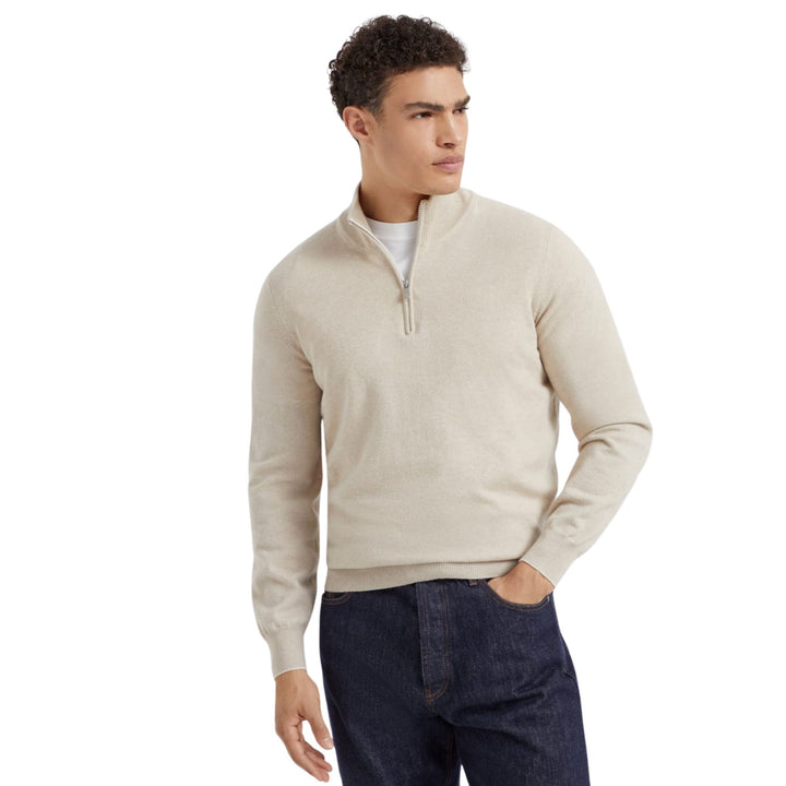 Cashmere sweater with half zip in sand