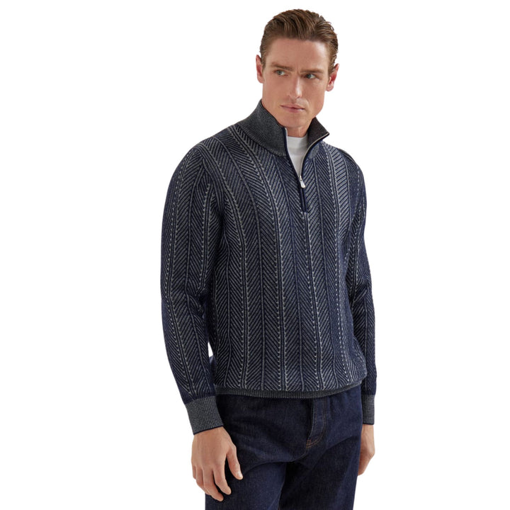 Cashmere vanisé chevron sweater with half zip in Panama