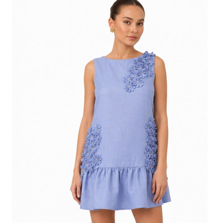 Sleeveless Boat Neck Ruffle Hem Shift with Lilac Floral Spray