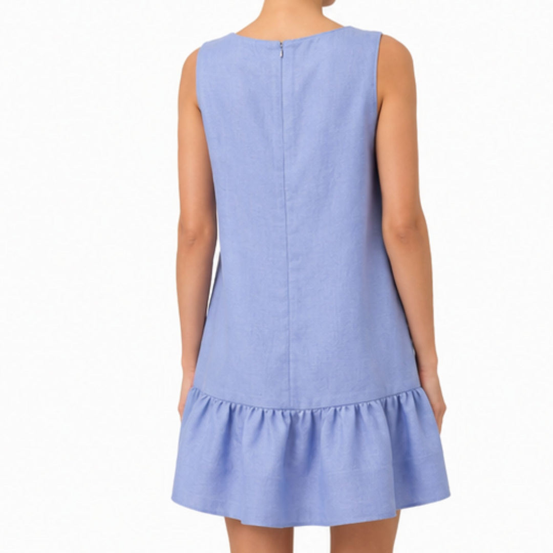 Sleeveless Boat Neck Ruffle Hem Shift with Lilac Floral Spray
