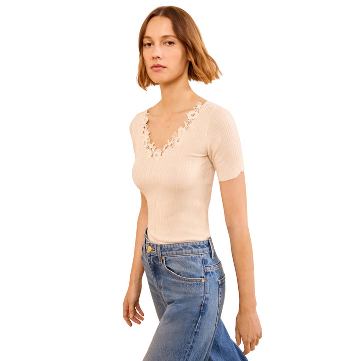 Celeste Short Sleeves Knit Top With Lace in Pearled Ivory