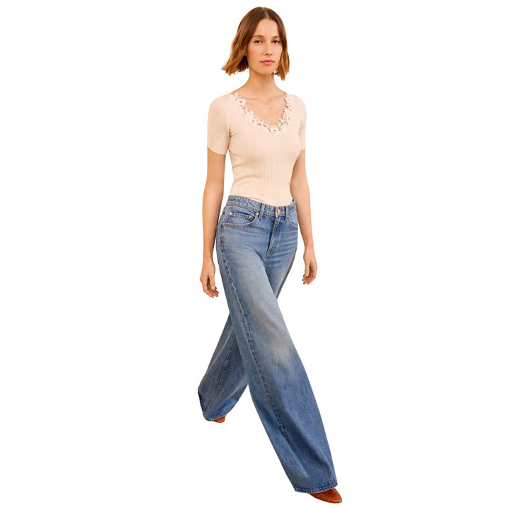 Celeste Short Sleeves Knit Top With Lace in Pearled Ivory