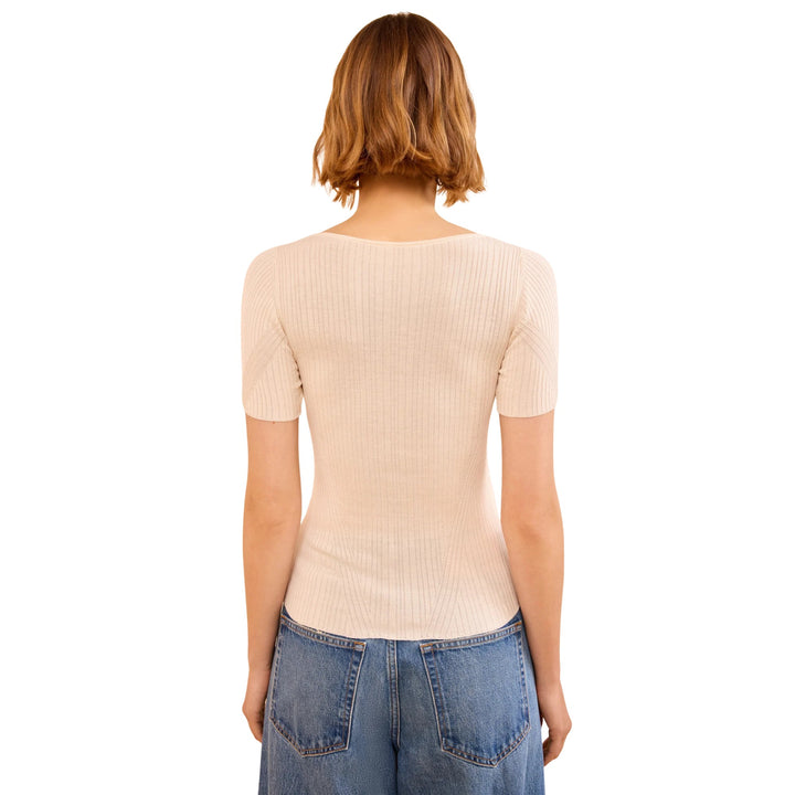 Celeste Short Sleeves Knit Top With Lace in Pearled Ivory