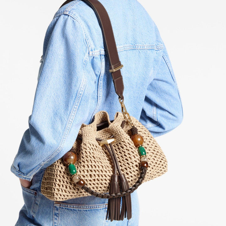 Chocolate Raffia Cinch Medium Bag