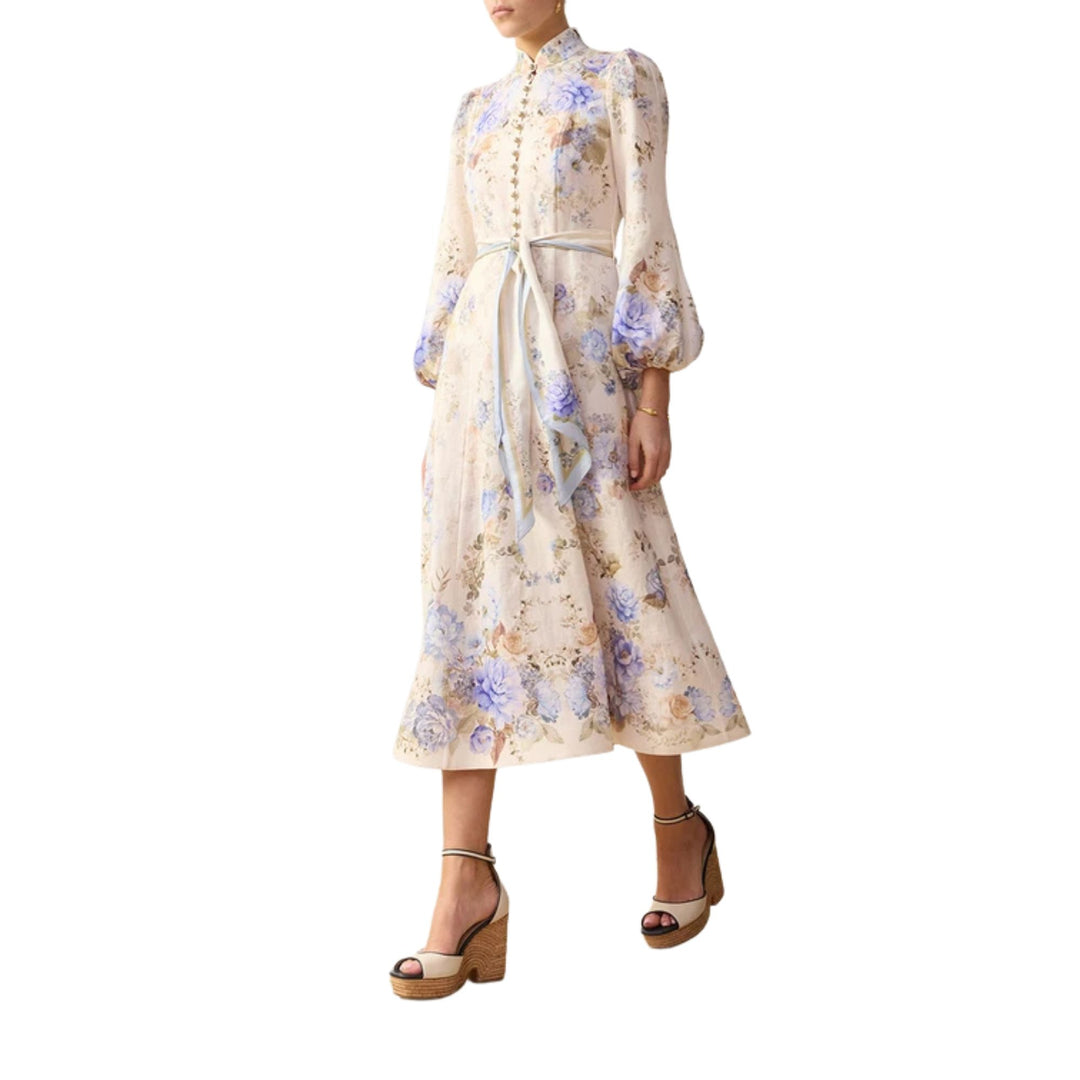 Clash Button Midi Dress in Sky Blooms