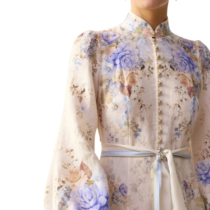 Clash Button Midi Dress in Sky Blooms