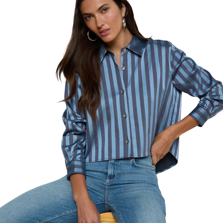 Cosette Crop Hi Low Shirt in Blue Multi Stripe