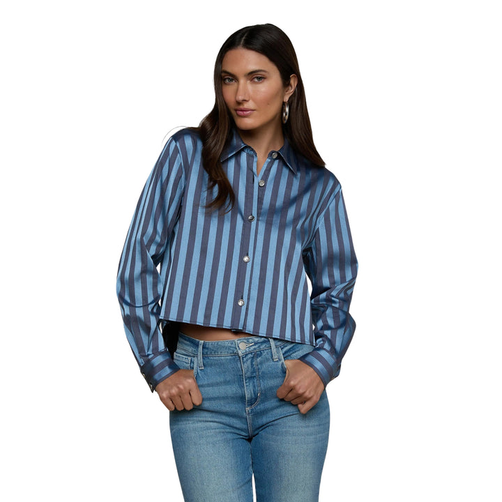 Cosette Crop Hi Low Shirt in Blue Multi Stripe