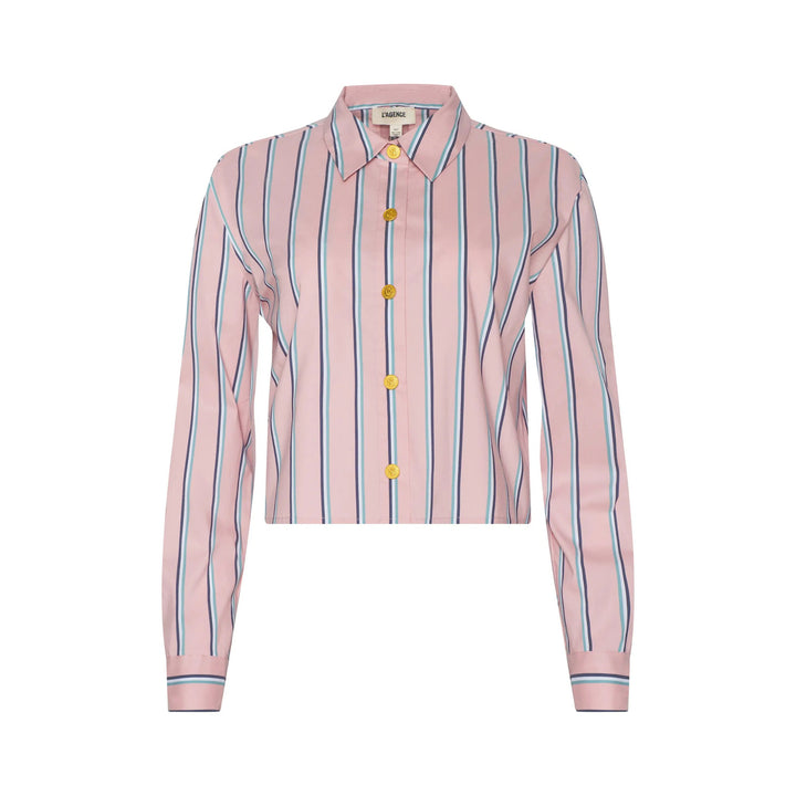 Cosette Crop Hi Low Shirt in Pale Rose Stripe