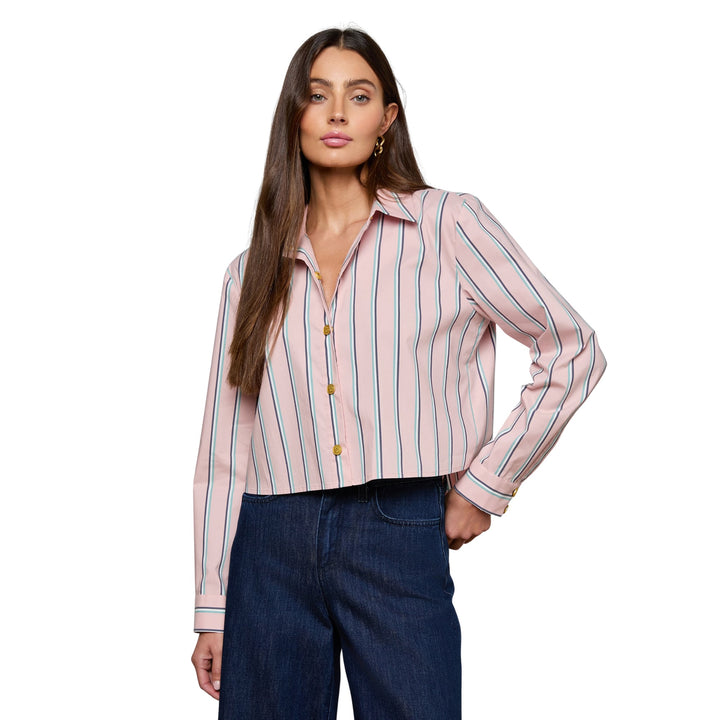 Cosette Crop Hi Low Shirt in Pale Rose Stripe