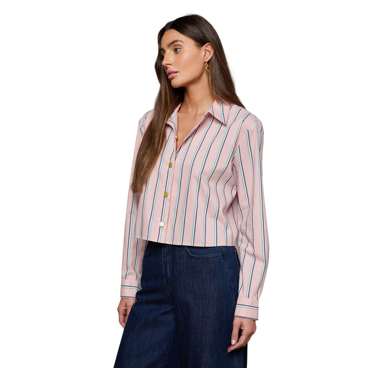 Cosette Crop Hi Low Shirt in Pale Rose Stripe
