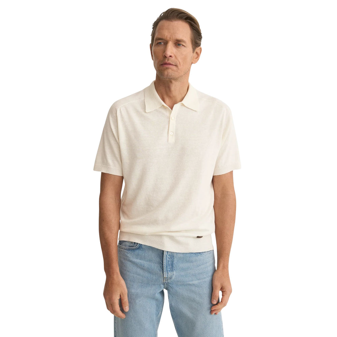Off-White Cotton Linen Fine Knit Polo Shirt