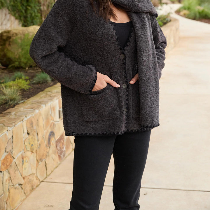 CozyChic Blanket Stitch Cardigan and Scarf, Dark Moss