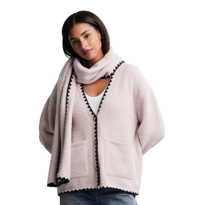CozyChic Blanket Stitch Cardigan and Scarf, Stone