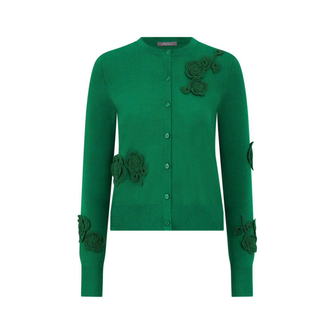 Crochet Applique Knit Cardigan in Fern