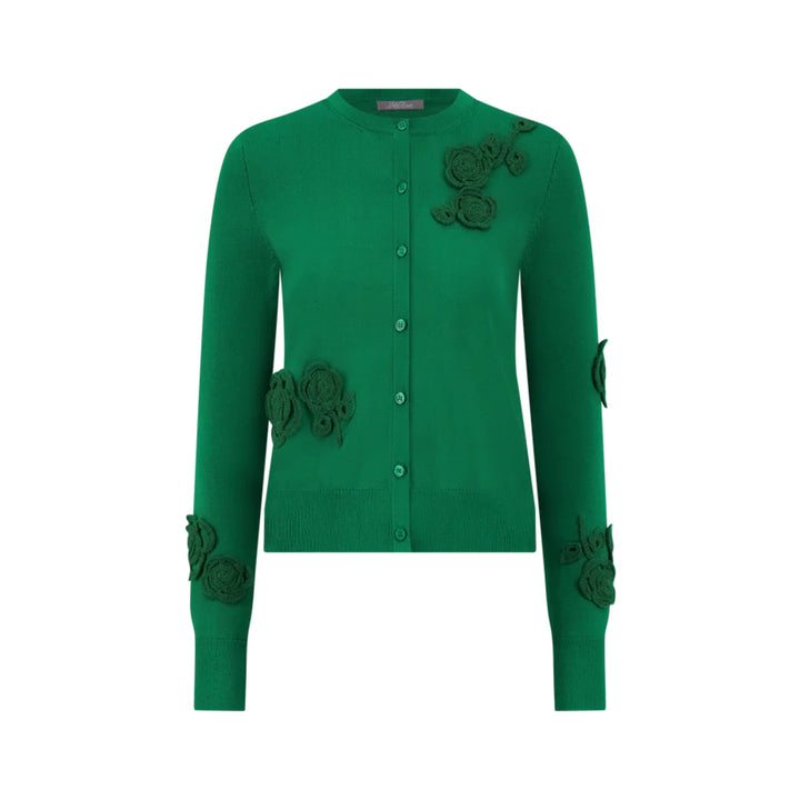 Crochet Applique Knit Cardigan in Fern