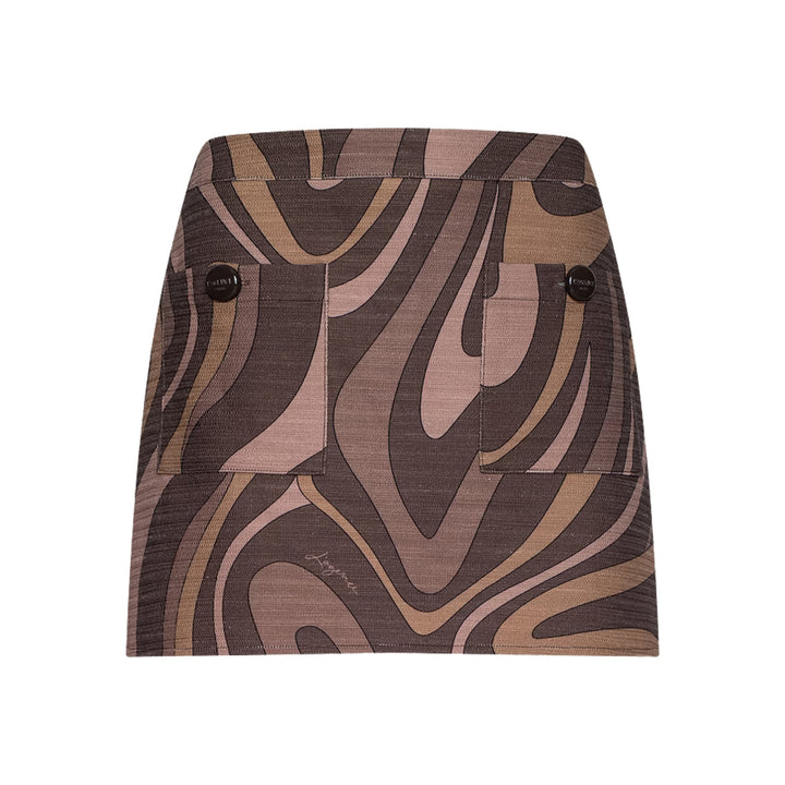 Cyra Low Rise Mini Skirt in Sepia Brown Multi Abstract Swirl