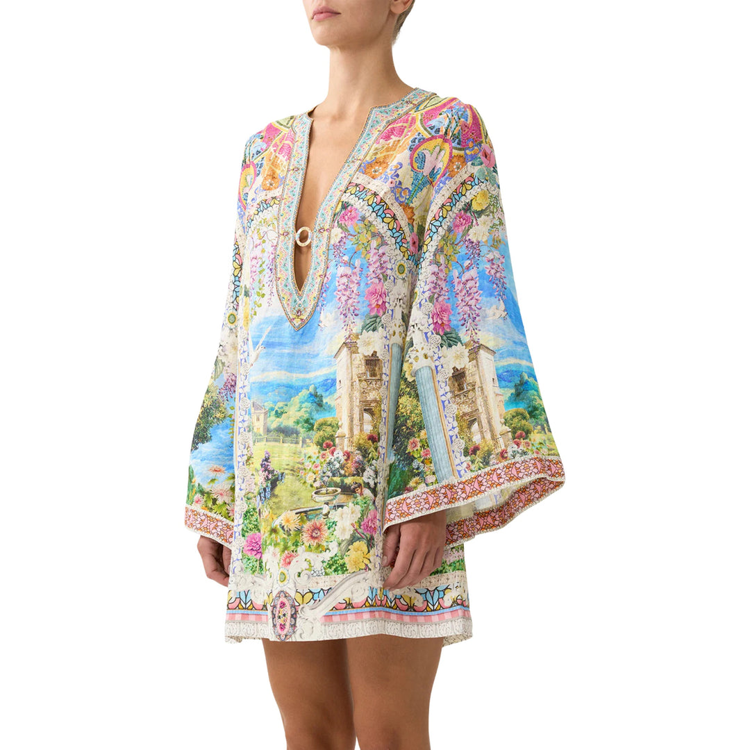 Deep V Neck Hardware Short Kaftan in Navas Nouveau