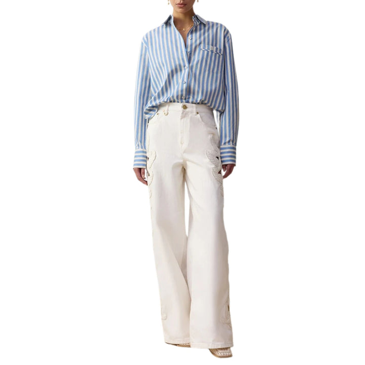 Denim Applique Relaxed Flare in Vintage White