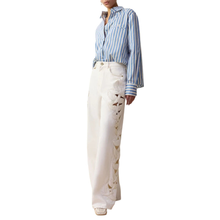 Denim Applique Relaxed Flare in Vintage White