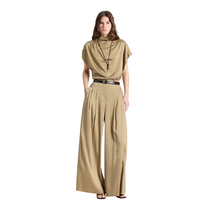 Drew Washed Silk Charmeuse Pant in Kelp