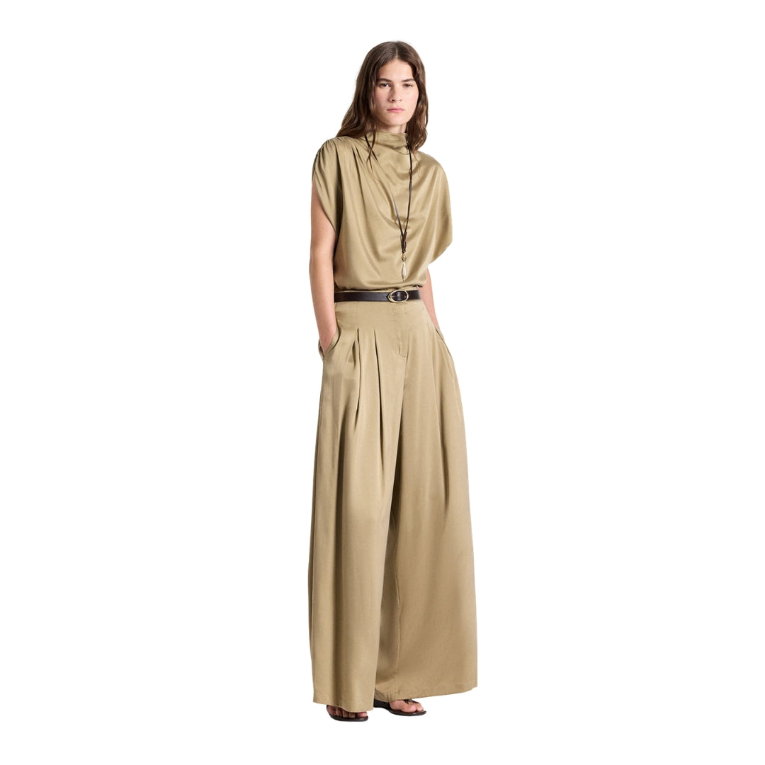 Drew Washed Silk Charmeuse Pant in Kelp