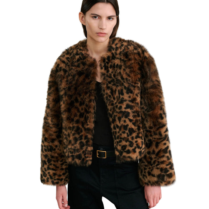 Elan Shearling Jacket in Camel Leopard