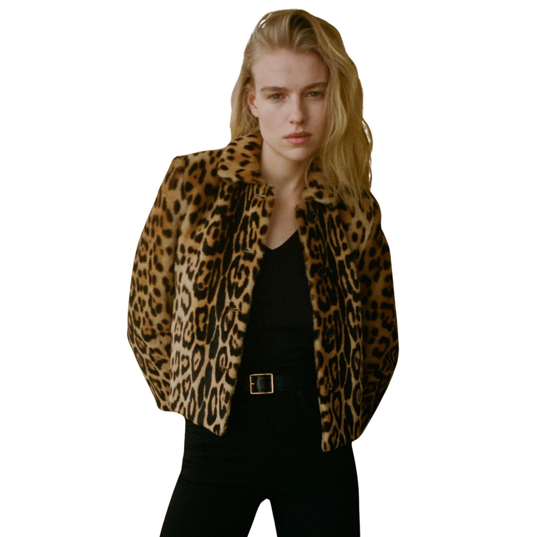Elan Shearling Jacket in Camel Leopard