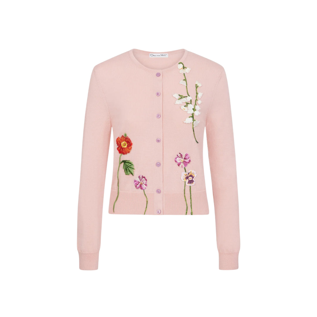 Embroidered Mixed Floral Classic Cardigan in Blush