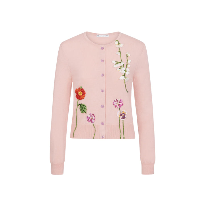 Embroidered Mixed Floral Classic Cardigan in Blush