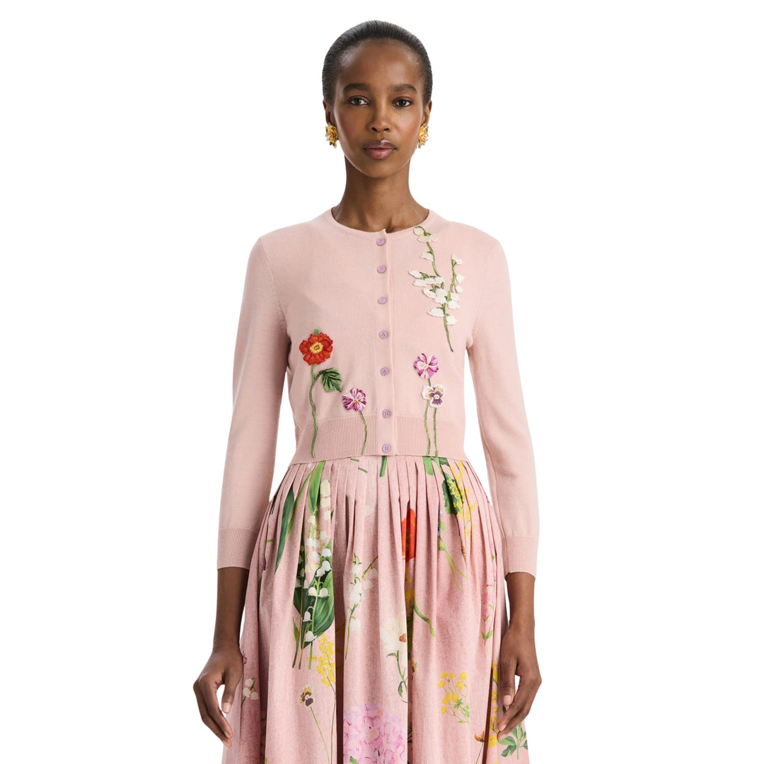 Embroidered Mixed Floral Classic Cardigan in Blush