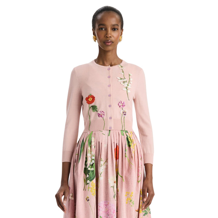 Embroidered Mixed Floral Classic Cardigan in Blush