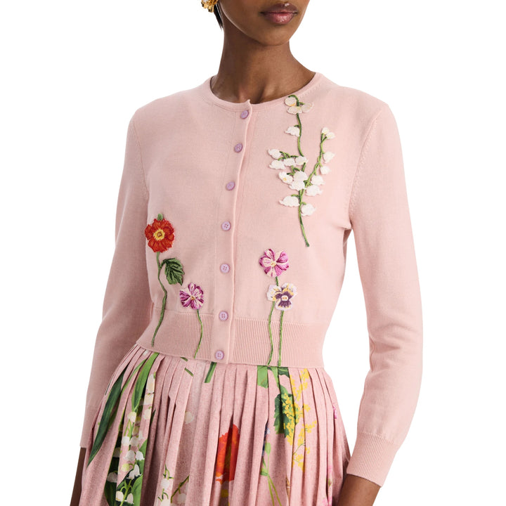 Embroidered Mixed Floral Classic Cardigan in Blush