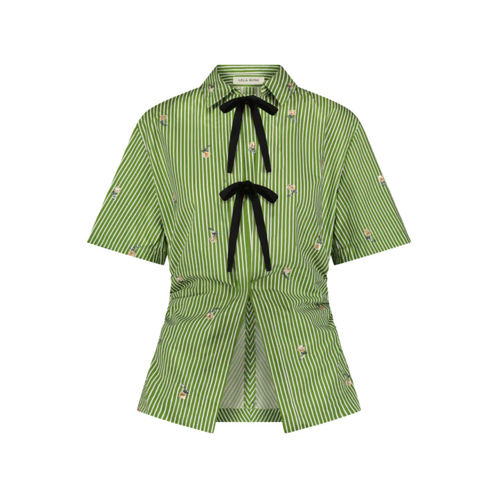 Embroidered Stripe Cotton Bow Front Shirt in Cactus