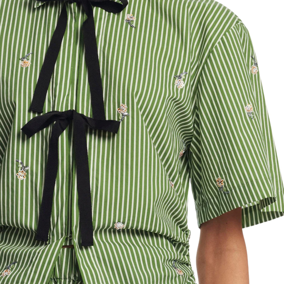 Embroidered Stripe Cotton Bow Front Shirt in Cactus