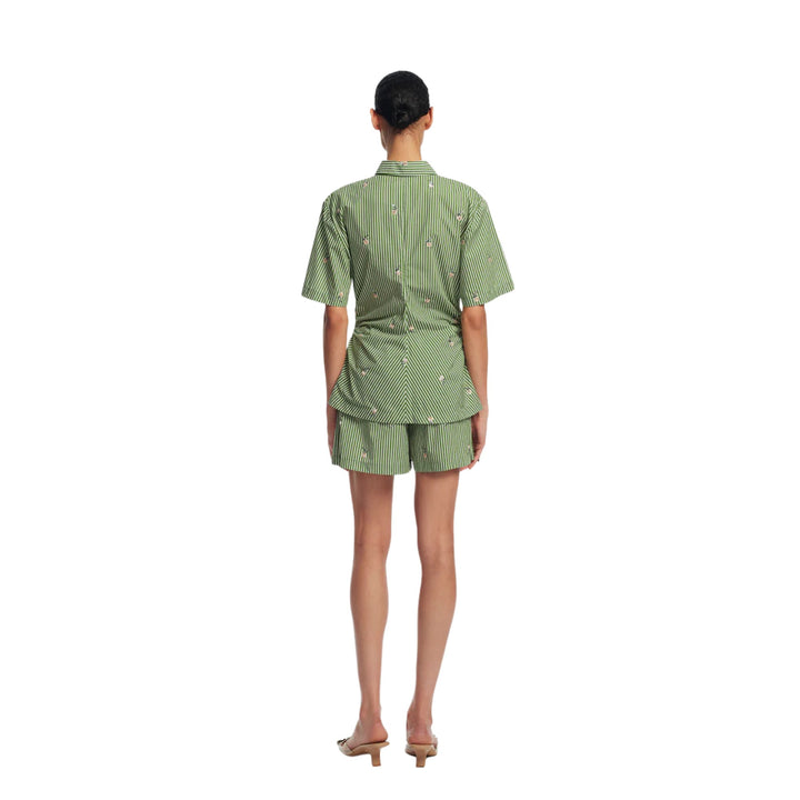 Embroidered Stripe Cotton Bow Front Shirt in Cactus