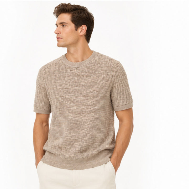 Textured Knit Short-Sleeve Sweater in Sand