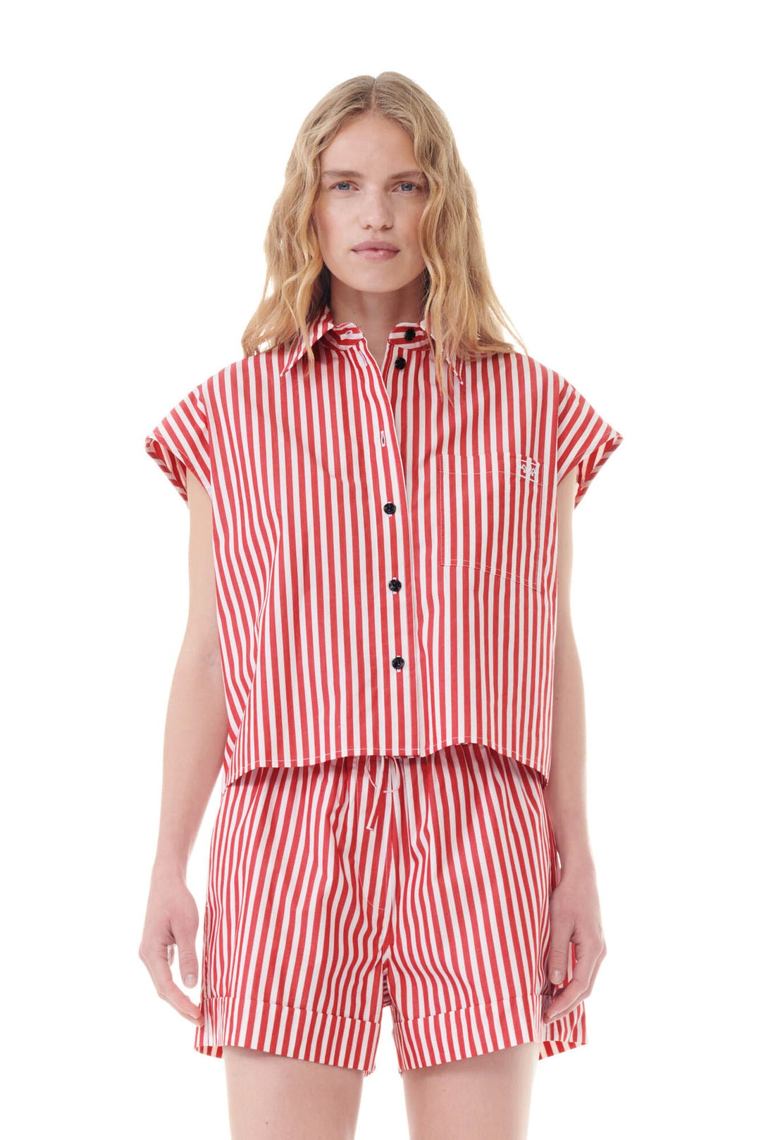 Stripe Cotton Tie Collar Shirt