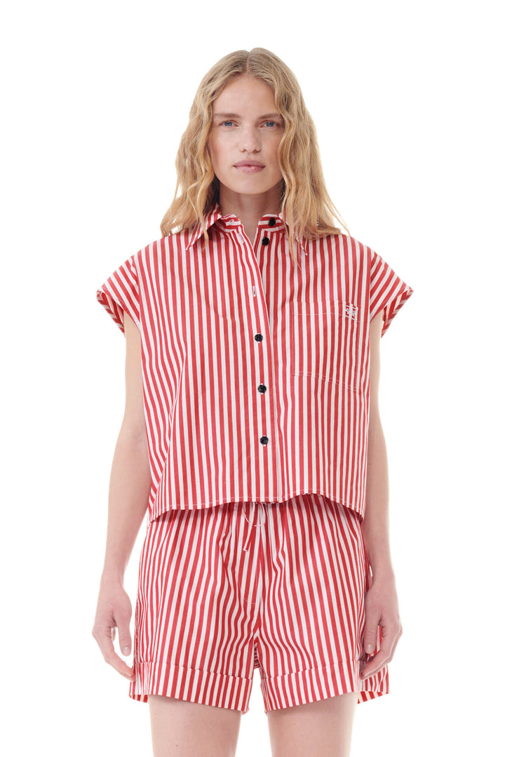 Stripe Cotton Tie Collar Shirt