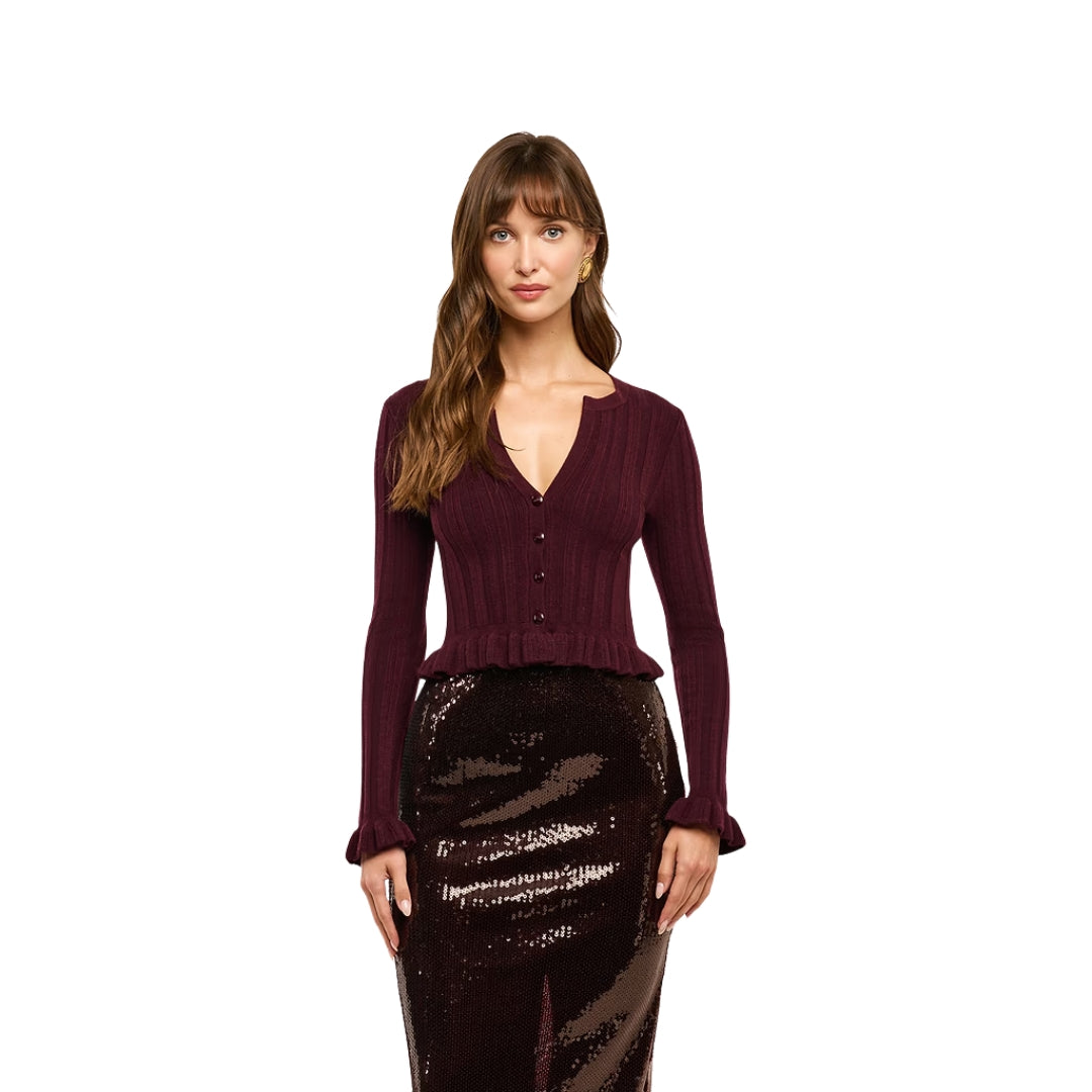 Finian Ruffle Cardigan in Dark Syrah and Gold