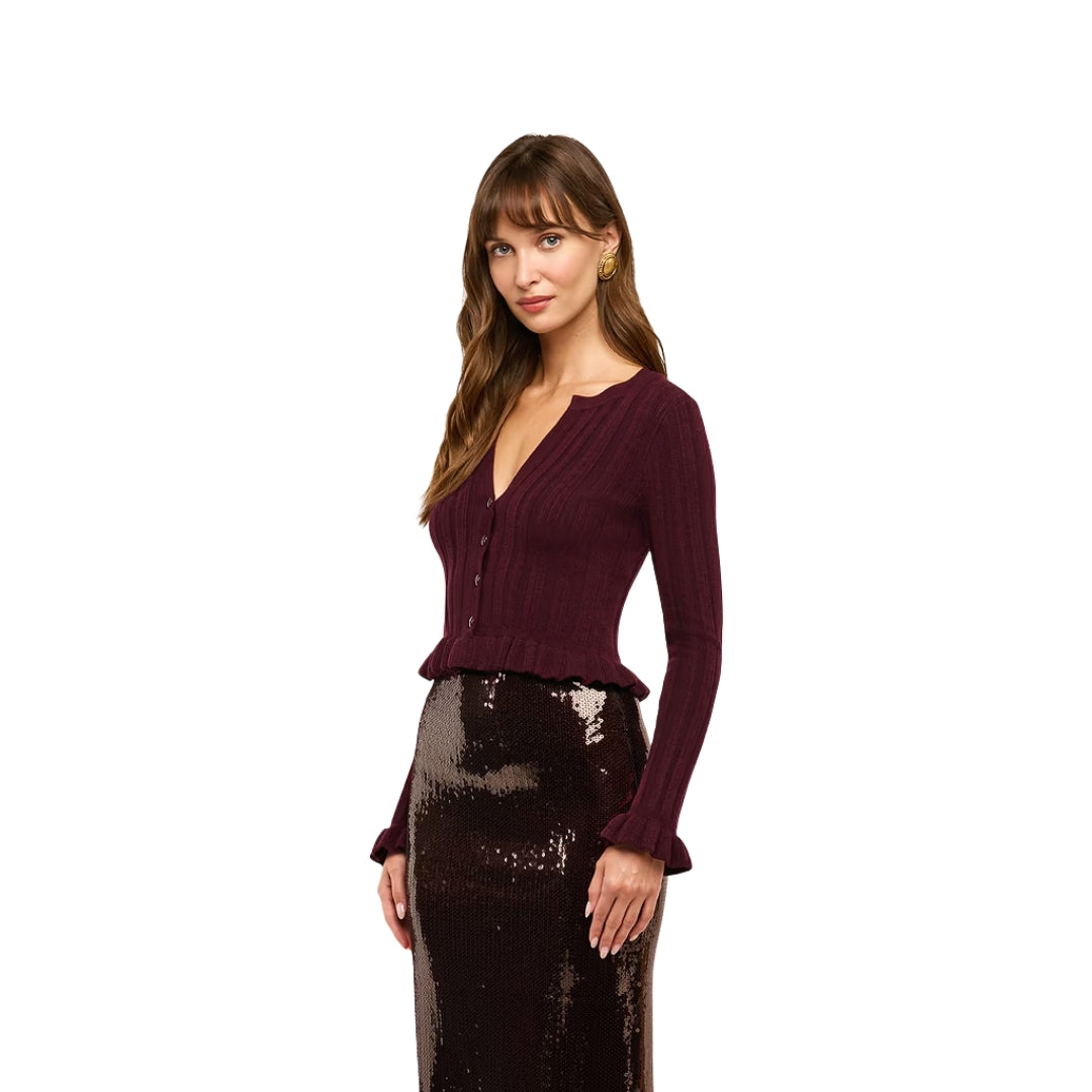 Finian Ruffle Cardigan in Dark Syrah and Gold