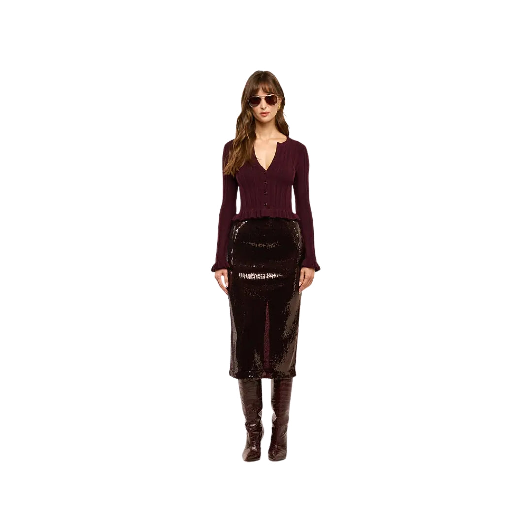 Finian Ruffle Cardigan in Dark Syrah and Gold