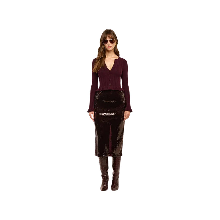 Finian Ruffle Cardigan in Dark Syrah and Gold