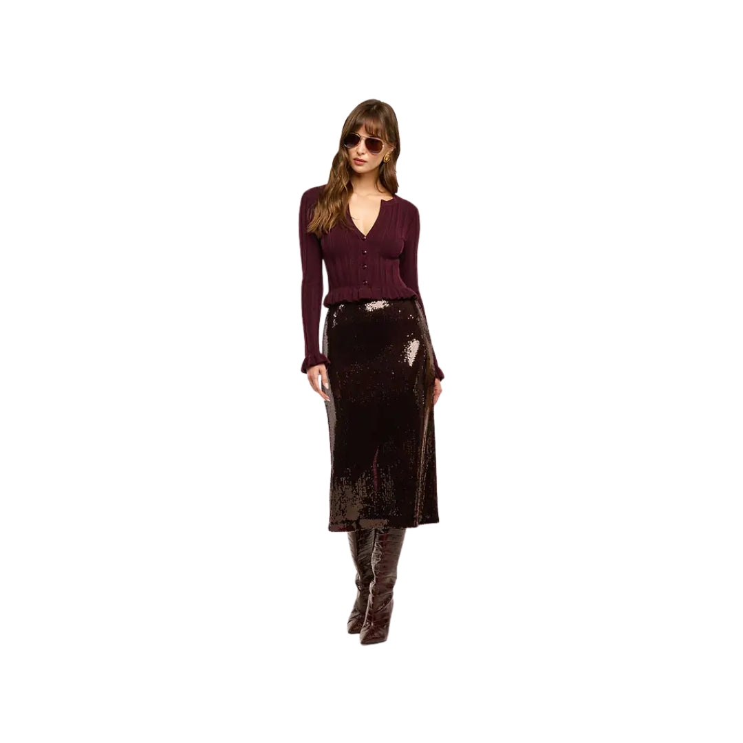 Finian Ruffle Cardigan in Dark Syrah and Gold
