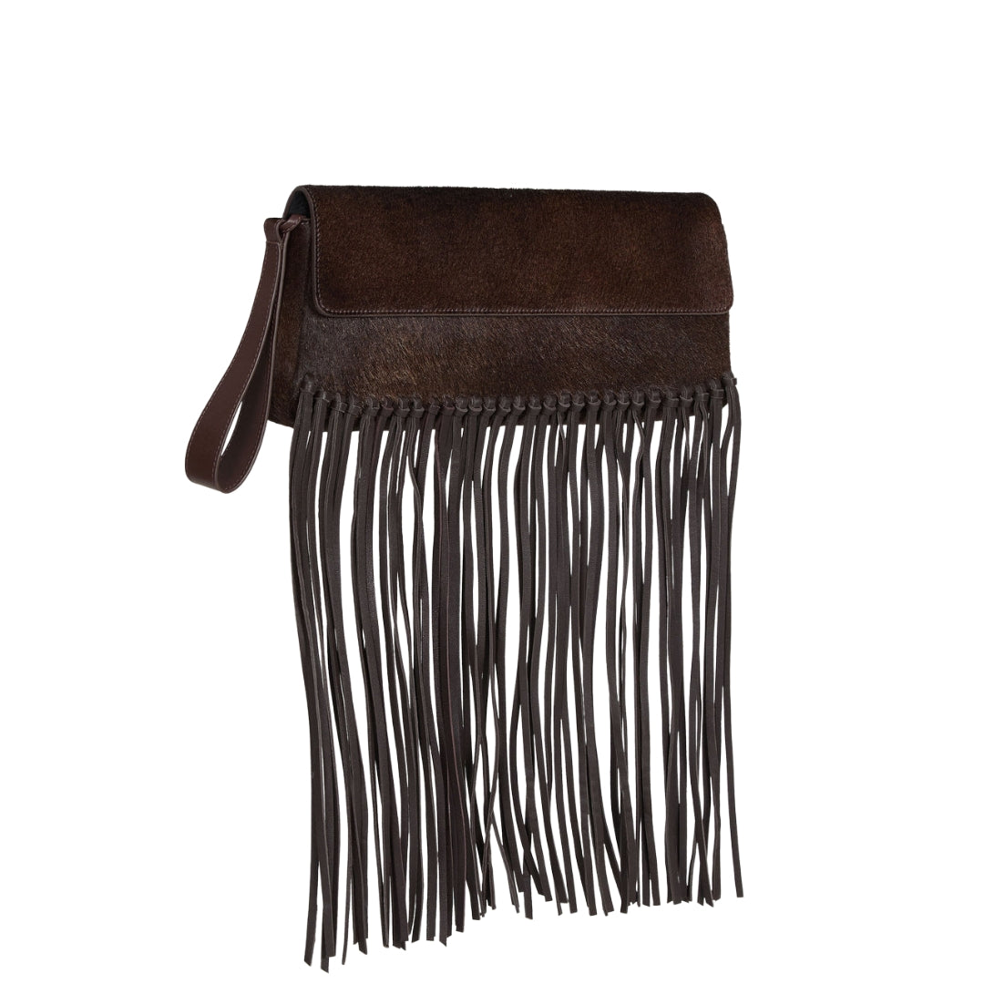 Fringe Ponyhair Clutch in Dark Chocolate