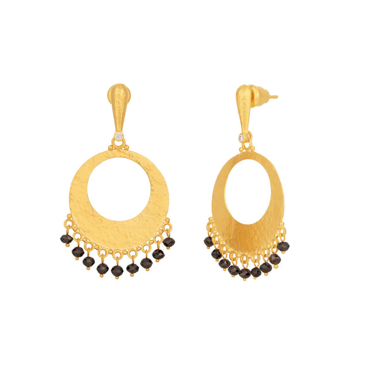 Lush Gold Black Diamond Single Drop Earrings, Large Open Center Flake on Top